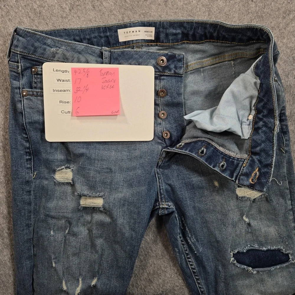 Topman Stretch Skinny Jeans Mens 34x32 (tag 36x34) Blue Distressed Stretch Denim